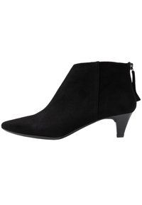 Stivale ankle in suede nero con punta appuntita, tacco sottile e cerniera laterale. Texture liscia con design elegante e minimalista.