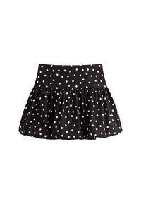 Jupe noire à pois blancs, avec une large ceinture et un design évasé et ondulé. Matériau doux à la texture lisse.