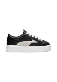 Black and gray leather sneaker with a white rubber sole, featuring white laces and textured panel details on the sides.