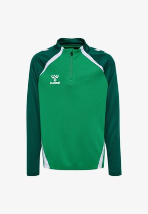 Grüner und dunkelgrüner Sportpullover mit langen Ärmeln, weißen Akzenten, Reißverschluss am Kragen bis zur Brust und Hummel-Logo auf der Brust.