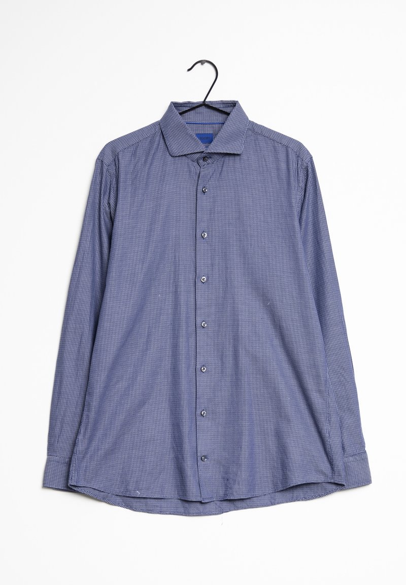 Pitkähihaisen sinisen paidan, jossa on ruudukkomuotoilu, napitettu etuosa ja kaulus. Valmistettu kevyestä kankaasta, joka on sileä tekstuuriltaan.