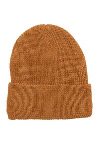 Strikket hue i varm orangebrun, med foldet kant og tekstureret mønster. Fremstillet af blødt, vævet materiale for komfort og varme.