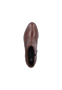 Bottines en cuir marron avec une surface lisse, au design minimaliste, fermeture zippée et semelle intérieure rembourrée pour le confort.