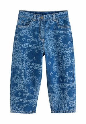 Blå denim bukser med et paisley- og blomstermønster, forlommer, bæltestropper og lukning med metal knap.