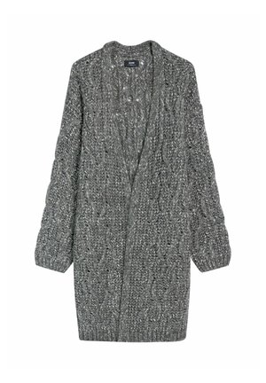 Otwarte długie kardigany w grubym szarym splocie z wzorami w warkocze, szerokimi rękawami i ściągaczami, charakteryzujące się miękkim, teksturowanym wykończeniem.