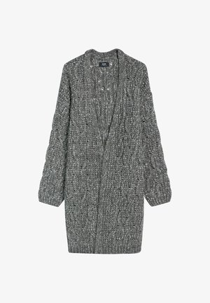 Otwarte długie kardigany w grubym szarym splocie z wzorami w warkocze, szerokimi rękawami i ściągaczami, charakteryzujące się miękkim, teksturowanym wykończeniem.
