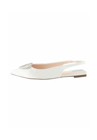 Baltos slingback balerinos su smailiu padu, lygia tekstūra ir dekoratyvine kristalo detalė ant priekinės dalies. Plokščias padas patogiam nešiojimui.