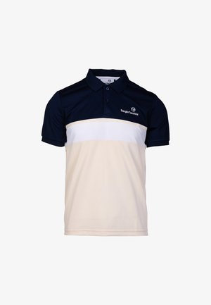 Polohemd mit marineblauem oberen Teil und cremefarbenem Unterteil mit weißem Streifen. Aus glattem Stoff gefertigt, verfügt es über einen klassischen Kragen und ein Logo.