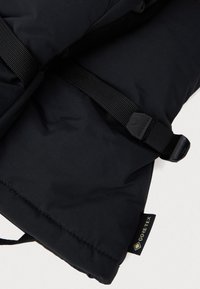 Chaqueta impermeable negra con un diseño acolchado, correas ajustables y etiqueta GORE-TEX; textura suave y estilo minimalista.