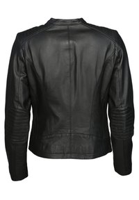 Svart läderjacka med vadderade detaljer vid armbågar och axlar, synlig sömnad och en kort ståkrage, visad bakifrån.