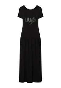 Robe midi noire à manches courtes avec jupe froncée et logo texte "LIU·JO" en petits clous argentés sur la poitrine.