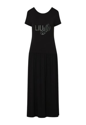 Vestito midi nero a maniche corte con gonna arricciata e logo testuale "LIU·JO" realizzato con piccole borchie argentate sul petto.