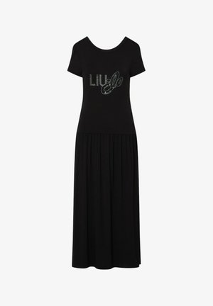 Vestito midi nero a maniche corte con gonna arricciata e logo testuale "LIU·JO" realizzato con piccole borchie argentate sul petto.