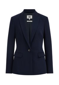 Tmavě modrý saka s upraveným střihem, klopovými límci, zapínáním na jeden knoflík, dvěma předními kapsami a hladkým povrchem. Vnitřní štítek je viditelný.