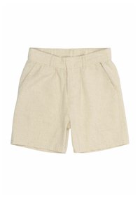 Beige linnen shorts met een ontspannen pasvorm, voorzien van een platte tailleband, twee zijzakken en een subtiele textuur. Gebied boven de zakken licht geplooid.