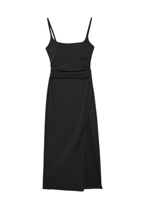 Black sleeveless midi dress with thin straps, ruched waist, square neckline, and front thigh-high slit on the right side.