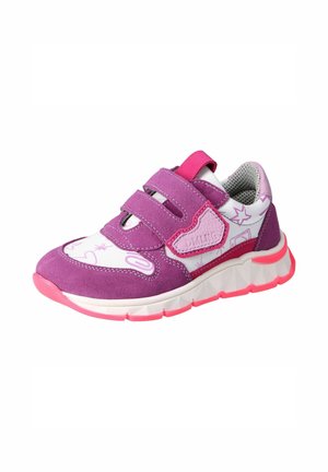Purple and white children's sneaker with pink accents, star and swirl patterns, and two Velcro straps on a white sole with pink tread.