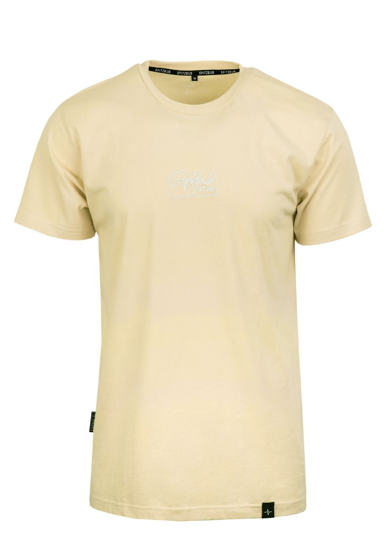 Helles gelbes Baumwoll-T-Shirt mit Rundhalsausschnitt, kurzen Ärmeln und einem dezenten weißen Logo auf der Brust. Mit einem schwarzen Markenetikett am Saum.