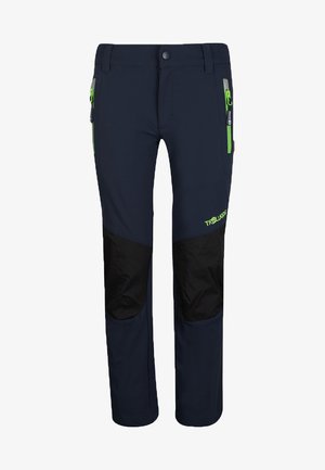 Marineblaue Kinder-Outdoor-Hosen mit schwarzen verstärkten Knieflicken, grünen Reißverschlusstaschen, Knopfverschluss und "Trollkids"-Logo am Oberschenkel.