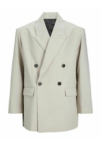 Blazer de doble botonadura en un beige claro con solapas, botones negros y dos bolsillos frontales. Tejido suave con una forma estructurada.
