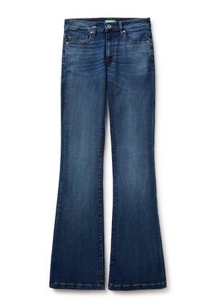 Blaue Denim-Jeans mit leicht ausgestelltem Bein, vorderer Knopf- und Reißverschluss sowie Fünf-Taschen-Stil.
