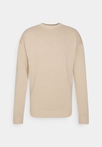 Pull-over en maille beige, col rond, manches longues, finitions côtelées aux poignets et à l'ourlet, texture lisse, design minimal, vue de dos.