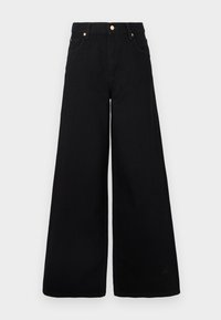 Sorte vide ben-bukser laget av denim, med høyt liv, to frontlommer og gullbelagte detaljer i livet.