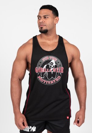 Zwarte tanktop met de opdruk "FOR THE GORILLA WEAR MOTIVATED" in wit en rood, voorzien van contrasterende rode zijaccenten en een losvallend ontwerp.