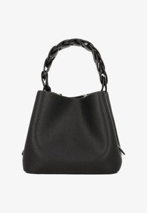 Zwarte leren handtas met een textuur en een opvallend gevlochten handvat, met een brede opening en een zachte, slappe vorm.