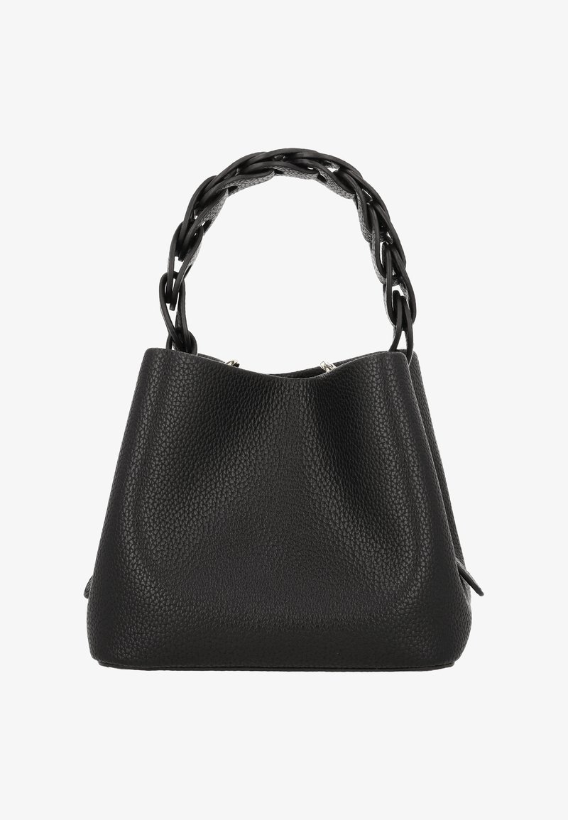 Black textured leather handbag with a distinctive braided handle, featuring a wide opening and a soft, slouchy shape.