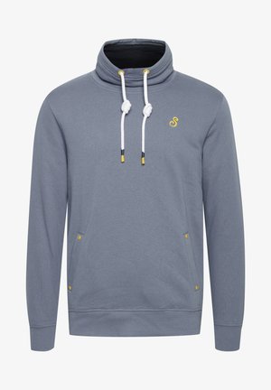 Gray fleece sweatshirt with a high neck, white drawstrings, yellow accents, and side pockets. Features a small yellow logo on the chest.