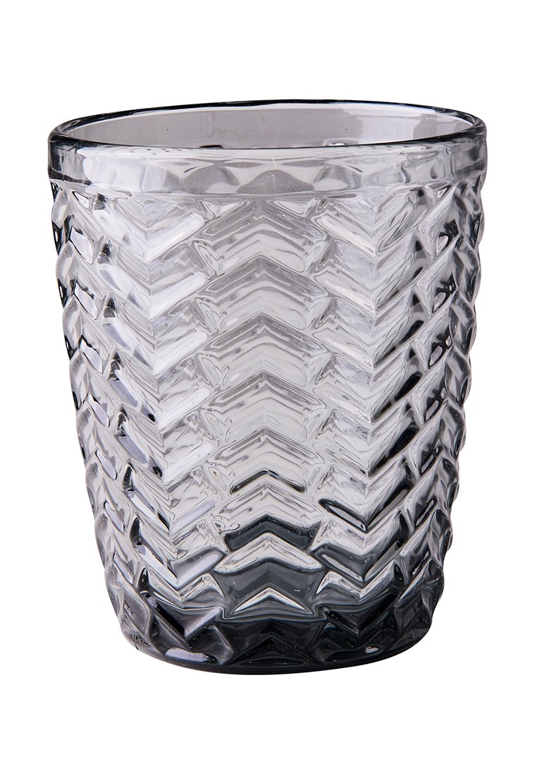Transparentes Glas-Glas mit einem Chevron-Muster, das eine strukturierte Oberfläche und einen Farbverlauf von klar zu rauchgrau aufweist.