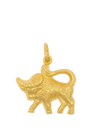 Ciondolo a forma di toro color oro con corpo testurizzato e un anello per fissarlo a una catena o un braccialetto.