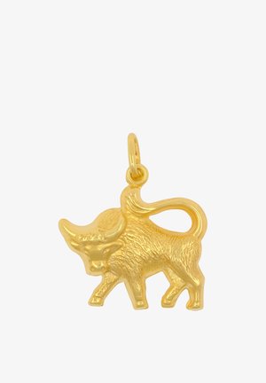 Pendentif en forme de taureau de couleur dorée avec un corps texturé et une boucle pour l'attacher à une chaîne ou un bracelet.
