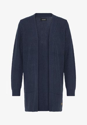 Granatowy, dziergany kardigan zapinany z przodu, z długimi rękawami i teksturowanym wzorem, z małą metką marki przy dolnym brzegu.