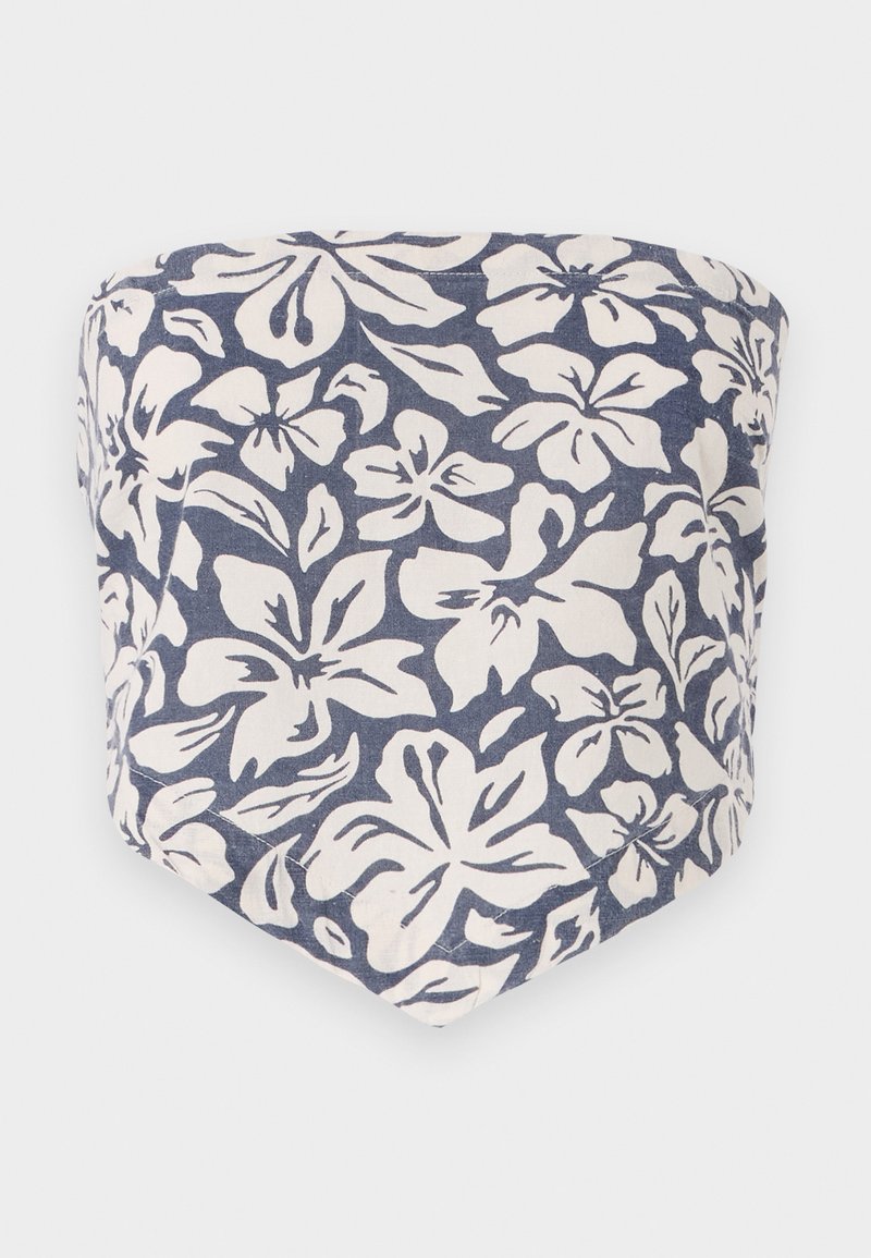 Floral scarf featuring white flowers on a navy background. Made of fabric with a smooth texture; has a triangular shape and soft drape.