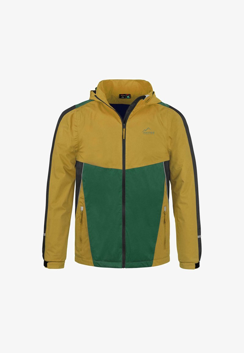 Gelbe und grüne Jacke mit Kapuze, lange schwarze Ärmel, mit Reißverschlusstaschen und kontrastierendem Design. Glatter Stofftextur.