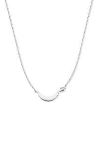 Silberne Halskette mit einem Halbmond-Anhänger in polierter Ausführung und einem kleinen runden Kristallakzent an einer zarten Kette.