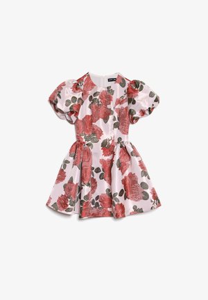 Lilleline kleit lühikeste pihikvarrukatega, kus on punaste rooside ja roheliste lehtedega valgel taustal, voltis vöökoht ja lõhikutega seelik.