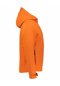 Orange Softshell-Jacke mit Kapuze, Reißverschlusstaschen, langen Ärmeln und verstellbaren Klettbündchen. Glatte Textur und figurbetontes Design.