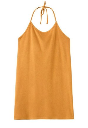 Sleeveless mustard yellow dress with halter neck tie, straight cut, and simple design suitable for casual wear.