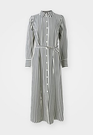 Striped dress with long sleeves, button front, and a waist belt. Features black and white vertical stripes and a collared neckline.