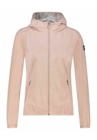 Ljust rosa vindjacka med huva, framdragkedja, två sidofickor, elastiska ärmslut och en logotypapplikation på vänster ärm.