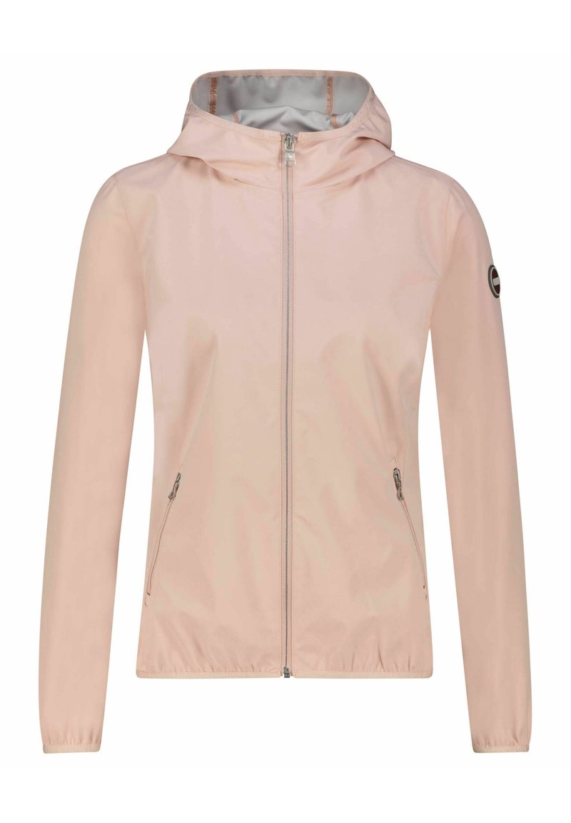 Ljust rosa vindjacka med huva, framdragkedja, två sidofickor, elastiska ärmslut och en logotypapplikation på vänster ärm.