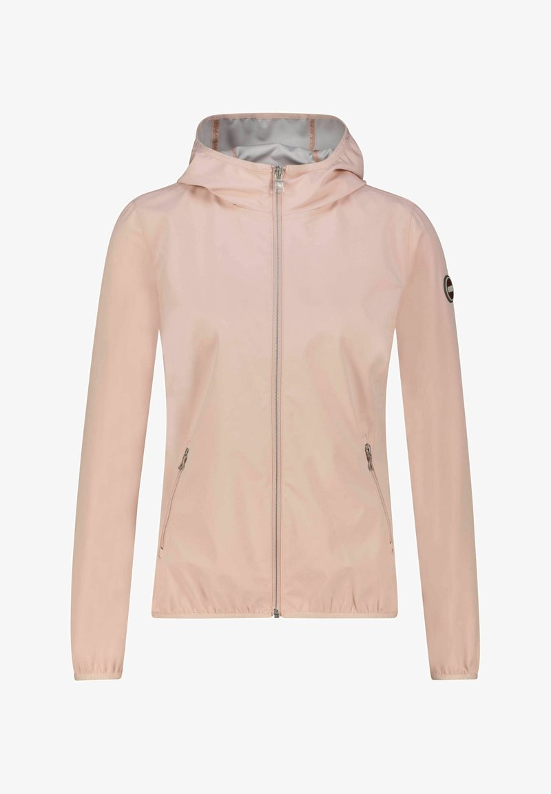 Light pink, zip-up jacket with a hood, elastic cuffs, and side pockets. Smooth, water-resistant material with a subtle sheen.