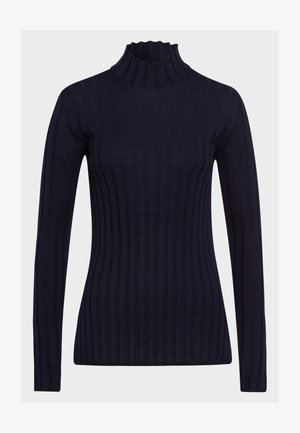 Marineblauer Rippstrick-Turtleneck-Pullover mit langen Ärmeln, der einen hohen, gewellten Kragen und eine taillierte Form aufweist, hergestellt aus einem weichen Strickmaterial.