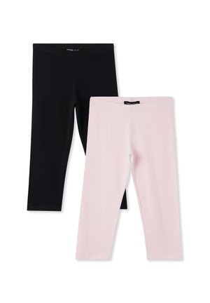 Leggings neri e rosa realizzati in tessuto elasticizzato, caratterizzati da un design aderente e privi di motivi o decorazioni evidenti.