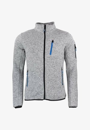 Veste en polaire grise avec un col haut, une fermeture éclair sur le devant et trois poches zippées. Présente des accents de fermeture éclair bleus et des bordures noires.