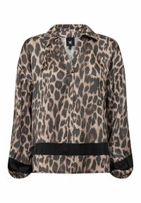 Leopardo-kuosiset blouset pehmeästä kankaasta, jossa on leikattu kaulus, pitkät hihat mustilla yksityiskohdilla ja rento istuvuus. Rakenteellinen muotoilu kauttaaltaan.