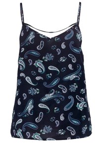 Haut sans manches bleu marine avec des fines bretelles, présentant un motif paisley dans des teintes de bleu-vert, blanc et vert.